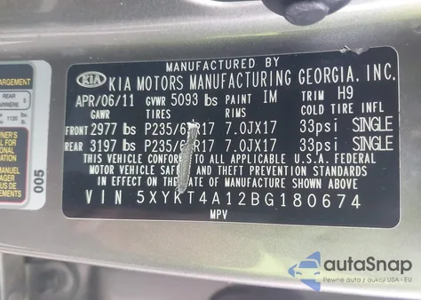 2011 Kia Sorento Lx from USA, damaged, VIN 5XYKT4A12BG180674